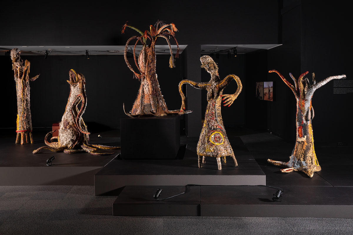 Woven sculptures in a museum. - click to view larger image